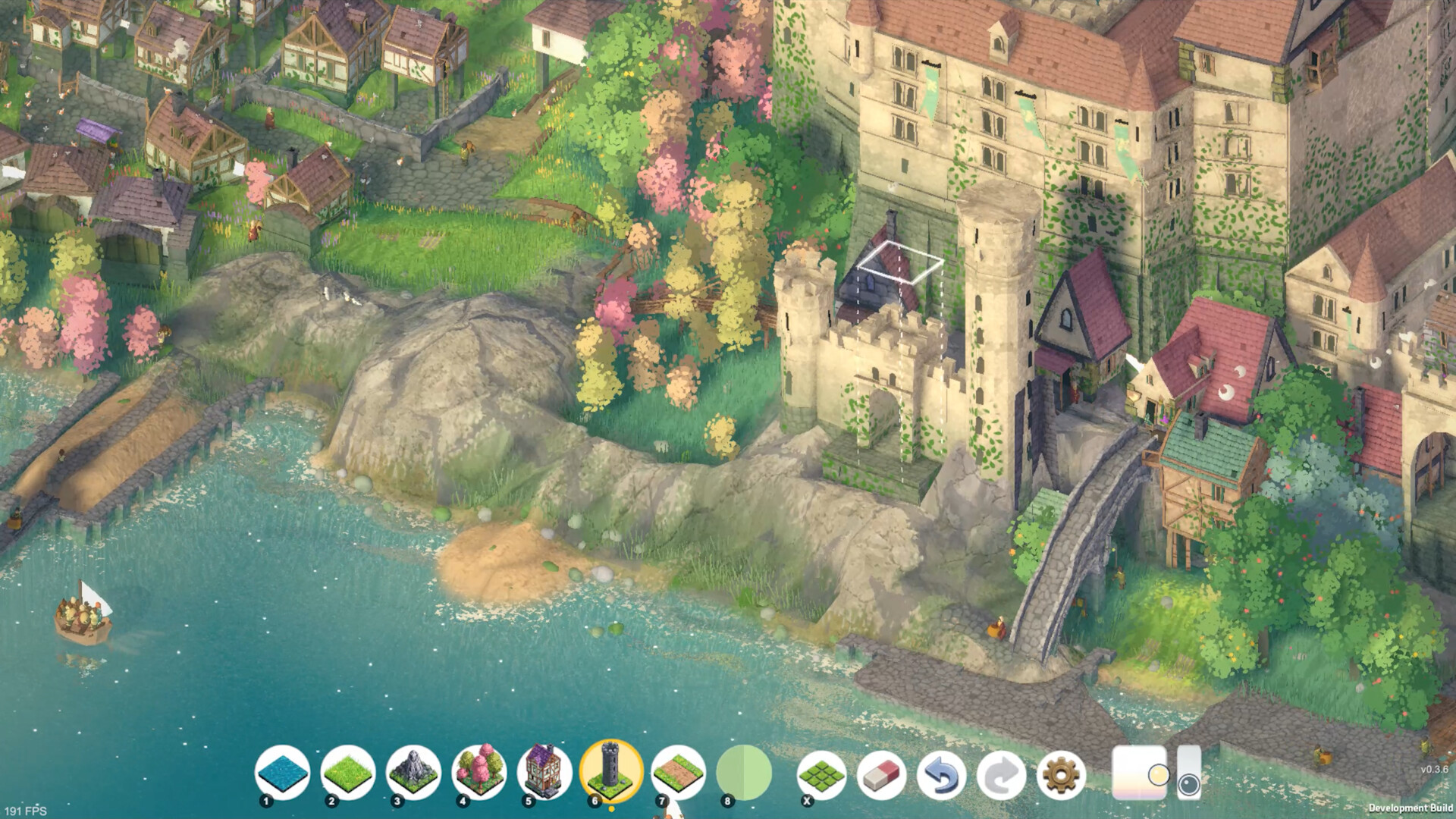 Brushland screenshot close-up of a castle by the water with a boat and blossoming trees.