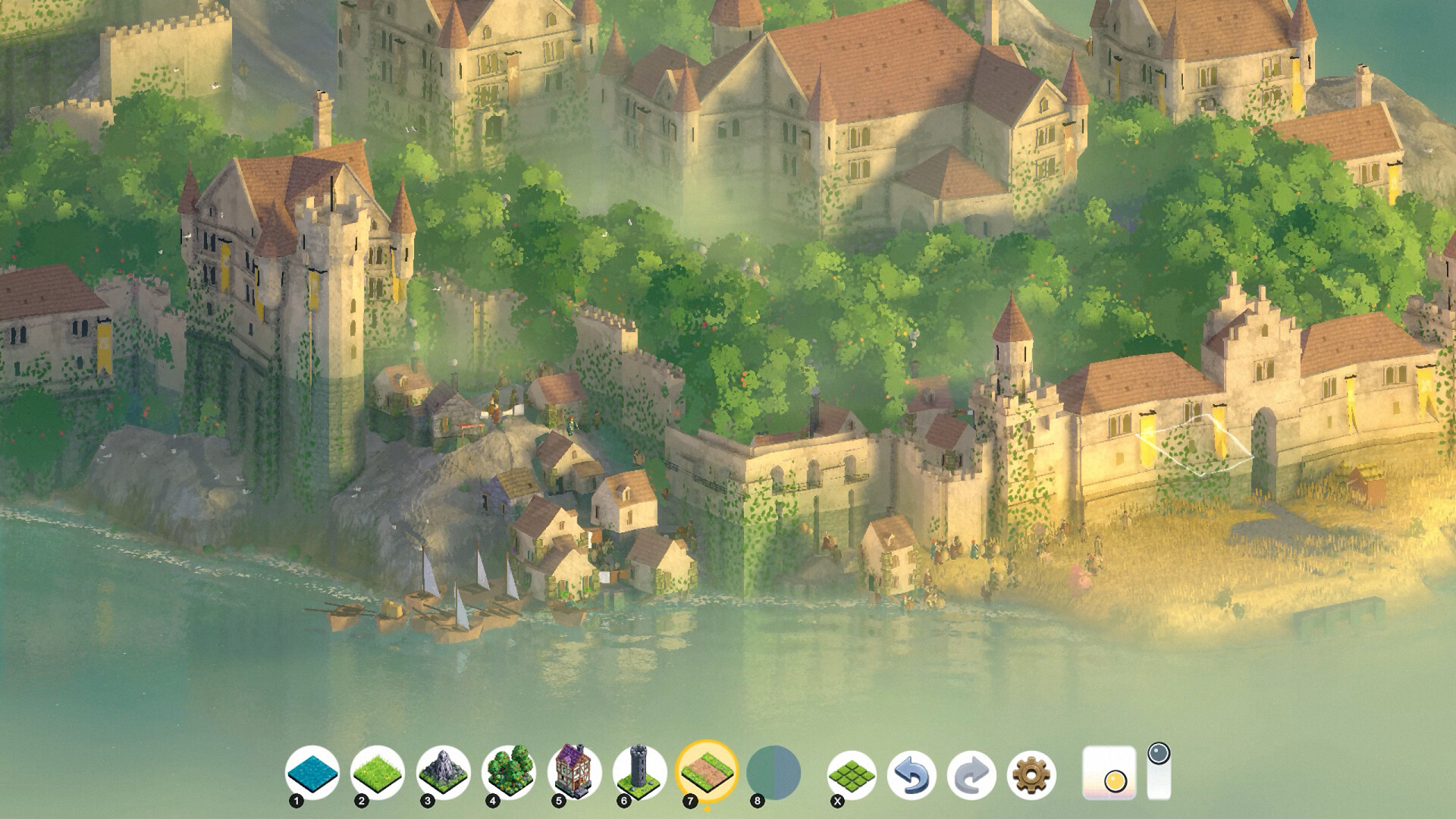 Brushland screenshot of a misty riverside village with stone houses and green trees.
