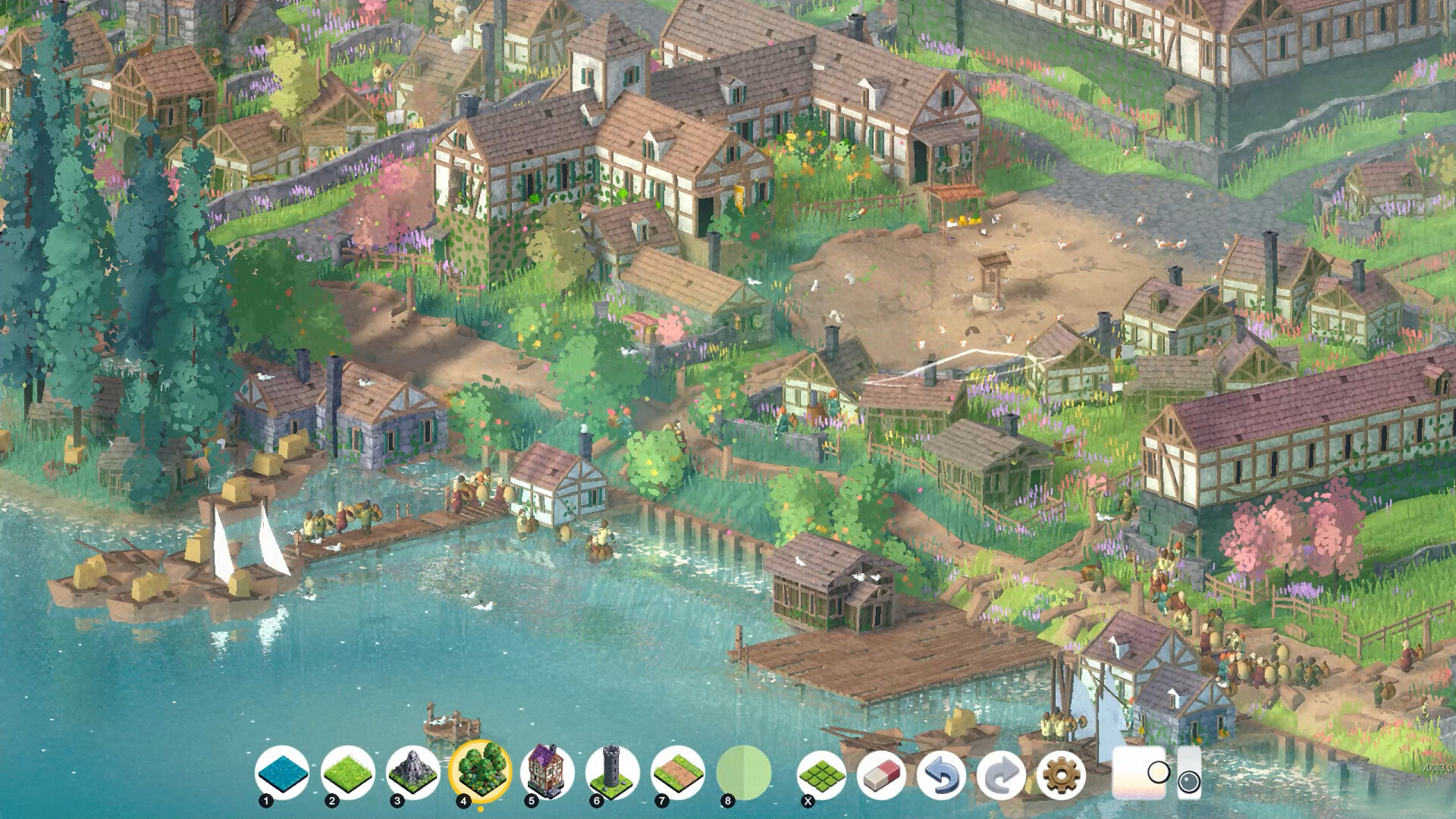 Brushland screenshot of a dock with sailboats next to a village and fir trees.