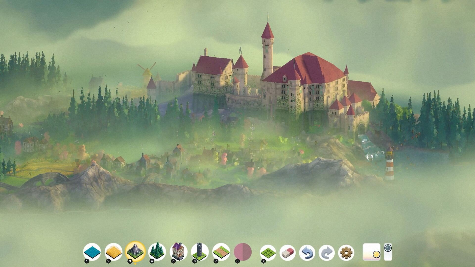 Brushland screenshot of a red-roofed castle on a hill above fog.