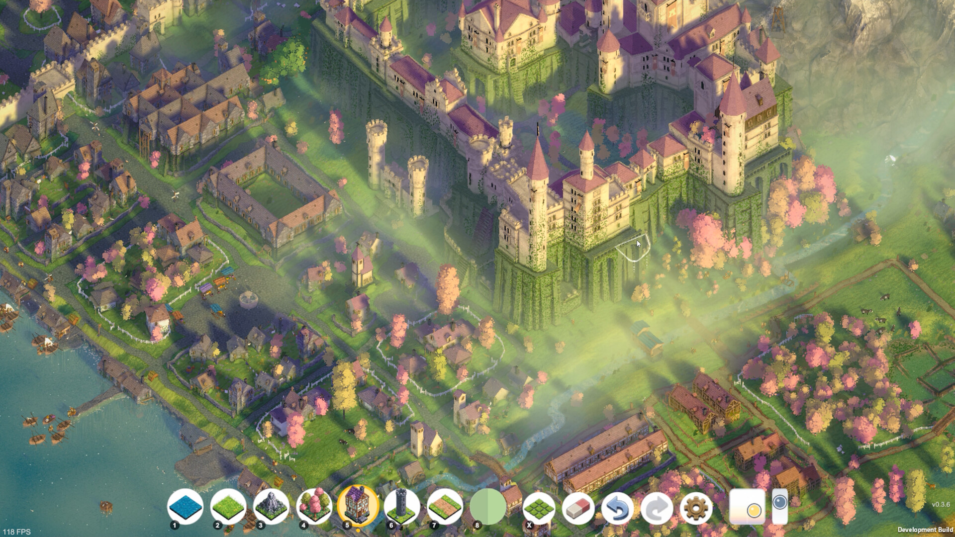 Brushland screenshot of a dense town with towers and pink blossom trees.